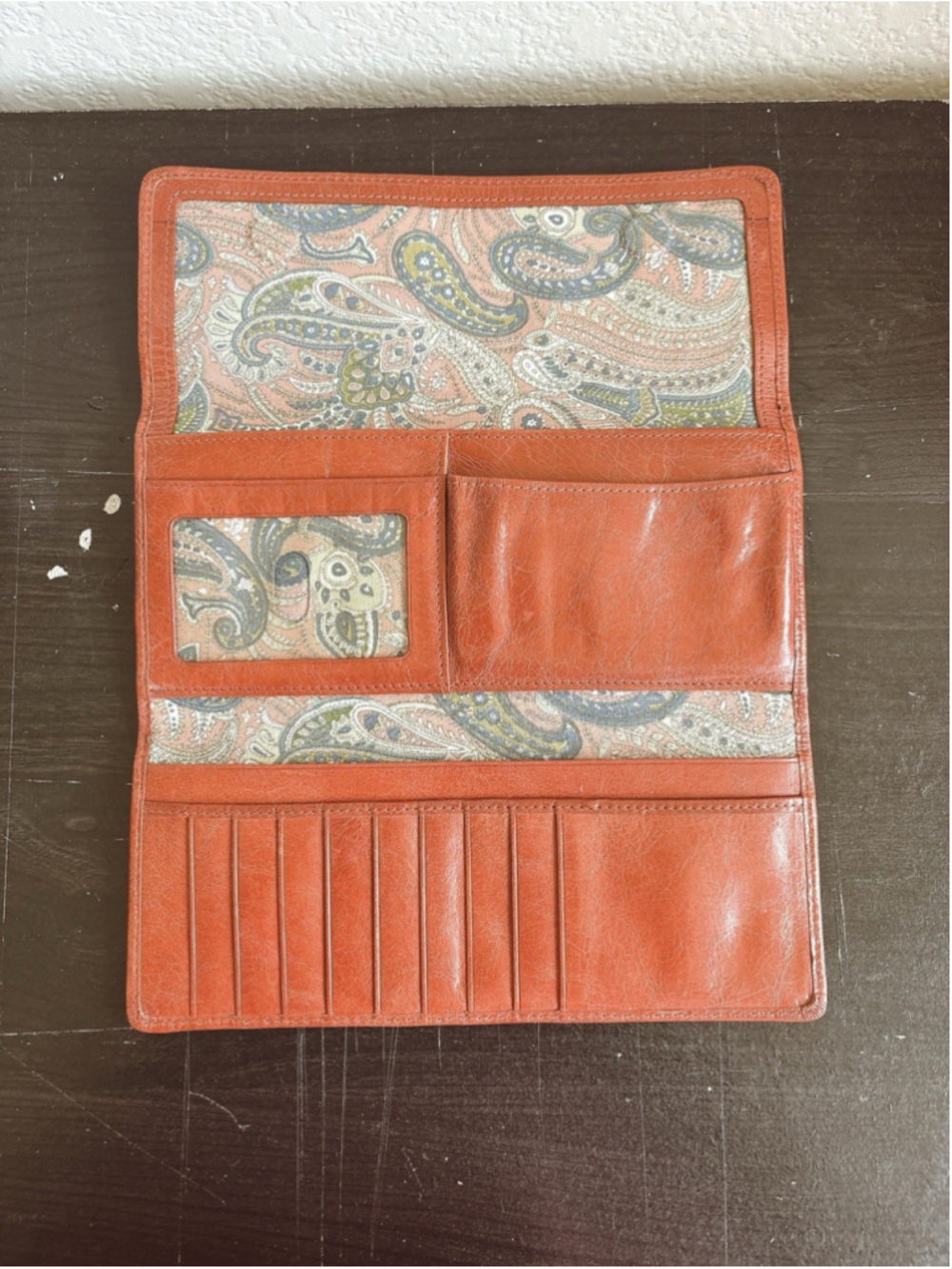 Hobo International Sadie Trifold Wallet Burnt Orange Paisley Lining Snap - Picture 6 of 8